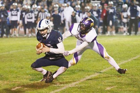 Tigers, after thrilling win over CVC, learn they will board a bus for trek to Oakland for Div. II-AA state title tilt Lemoore's Daniel Rodrigues with a critical sack Friday night in Tiger Stadium.